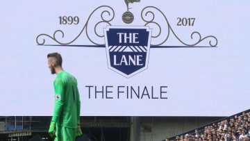 LONDON, ENGLAND - MAY 14: David de Gea of Manchester United in action in front of a banner to celebrate the final match to be played at White Hart Lane during the Premier League match between Mancheser United and Tottenham Hotspur at White Hart Lane on May 14, 2017 in London, England. (Photo by John Peters/Man Utd via Getty Images)