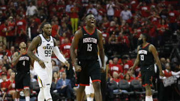 HOUSTON, TX - MAY 02: Clint Capela #15 of the Houston Rockets reacts in the second half during Game Two of the Western Conference Semifinals of the 2018 NBA Playoffs against the Utah Jazz at Toyota Center on May 2, 2018 in Houston, Texas. NOTE TO USER: User expressly acknowledges and agrees that, by downloading and or using this photograph, User is consenting to the terms and conditions of the Getty Images License Agreement. (Photo by Tim Warner/Getty Images)