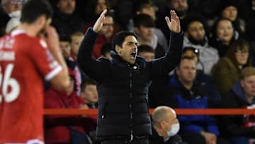 Arsenal's Spanish manager Mikel Arteta gestures on the touchline during the English FA Cup third round football match between Nottingham Forest and Arsenal at The City Ground in Nottingham, central England, on January 9, 2022. - - RESTRICTED TO EDITORIAL USE. No use with unauthorized audio, video, data, fixture lists, club/league logos or 'live' services. Online in-match use limited to 120 images. An additional 40 images may be used in extra time. No video emulation. Social media in-match use limited to 120 images. An additional 40 images may be used in extra time. No use in betting publications, games or single club/league/player publications. (Photo by Daniel LEAL / AFP) / RESTRICTED TO EDITORIAL USE. No use with unauthorized audio, video, data, fixture lists, club/league logos or 'live' services. Online in-match use limited to 120 images. An additional 40 images may be used in extra time. No video emulation. Social media in-match use limited to 120 images. An additional 40 images may be used in extra time. No use in betting publications, games or single club/league/player publications. / RESTRICTED TO EDITORIAL USE. No use with unauthorized audio, video, data, fixture lists, club/league logos or 'live' services. Online in-match use limited to 120 images. An additional 40 images may be used in extra time. No video emulation. Social media in-match use limited to 120 images. An additional 40 images may be used in extra time. No use in betting publications, games or single club/league/player publications. (Photo by DANIEL LEAL/AFP via Getty Images)