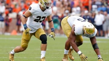Sep 12, 2015; Charlottesville, VA, USA; Notre Dame Fighting Irish safety Drue Tranquill (23) lines up against the Virginia Cavaliers at Scott Stadium. Mandatory Credit: Geoff Burke-USA TODAY Sports