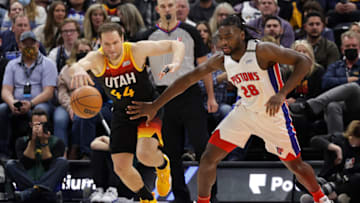 Utah Jazz forward Bojan Bogdanovic (44) knocks the ball away from Detroit Pistons center Isaiah Stewart Credit: Chris Nicoll-USA TODAY Sports