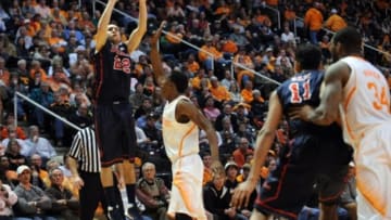 Jan 29, 2014; Knoxville, TN, USA; Mississippi Rebels guard Marshall Henderson (22) shoots a three pointer against the Tennessee Volunteers during the second half against the Mississippi Rebels at Thompson-Boling Arena. Tennessee won 86 to 70. Mandatory Credit: Randy Sartin-USA TODAY Sports