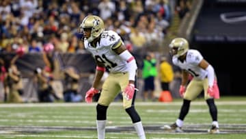 Oct 4, 2015; New Orleans, LA, USA; New Orleans Saints cornerback Keenan Lewis (21) against the Dallas Cowboys during the second quarter of a game at the Mercedes-Benz Superdome. Mandatory Credit: Derick E. Hingle-USA TODAY Sports