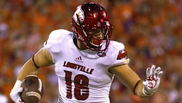 Oct 1, 2016; Clemson, SC, USA; Louisville Cardinals tight end Cole Hikutini (18) carries the ball during the third quarter against the Clemson Tigers at Clemson Memorial Stadium. Mandatory Credit: Joshua S. Kelly-USA TODAY Sports