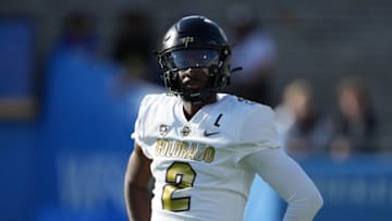 Oct 28, 2023; Pasadena, California, USA; Colorado Buffaloes quarterback Shedeur Sanders reacts against the UCLA Bruins at Rose Bowl. Mandatory Credit: Kirby Lee-USA TODAY Sports
