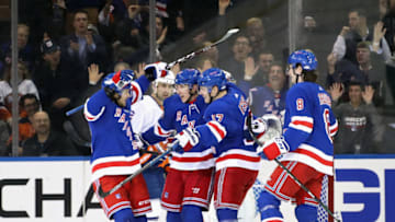 NEW YORK, NEW YORK - JANUARY 13: The New York Rangers celebrate a first period goal by Jesper Fast #17 against the New York Islanders at Madison Square Garden on January 13, 2020 in New York City. (Photo by Bruce Bennett/Getty Images)