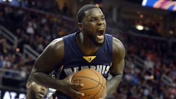 Mar 7, 2016; Cleveland, OH, USA; Memphis Grizzlies forward Lance Stephenson (1) rebounds in the fourth quarter against the Cleveland Cavaliers at Quicken Loans Arena. Mandatory Credit: David Richard-USA TODAY Sports