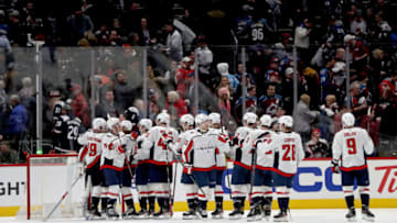 DENVER, COLORADO - FEBRUARY 13: Members of the Washington Capitals celebrate their win against the Colorado Avalanche at the Pepsi Center on February 13, 2020 in Denver, Colorado. (Photo by Matthew Stockman/Getty Images)