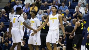 Feb 11, 2016; Berkeley, CA, USA; California Golden Bears forward Ivan Rabb (1) high fives forward Jaylen Brown (0) after a play against the Oregon Ducks during the second half at Haas Pavilion. The California Golden Bears defeated the Oregon Ducks 83-63. Mandatory Credit: Kelley L Cox-USA TODAY Sports