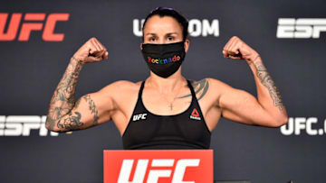 June 19, 2020; Las Vegas, NV, USA; Raquel Pennington poses on the scale during weigh-ins for UFC Fight Night at the UFC APEX. Mandatory Credit: Chris Unger/Zuffa LLC via USA TODAY Sports