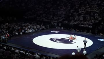 The crowd reacts as Aaron Brooks of the Penn State Nittany Lions gets a pin during the second period of a 184-pound bout against Rocky Jordan of the Ohio State Buckeyes at Bryce Jordan Center on February 04, 2022 in State College, Pennsylvania. (Photo by Bryan Bennett/Getty Images)