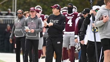 Nov 19, 2022; Starkville, Mississippi, USA; Mississippi State Bulldogs head coach Mike Leach stands on the sidelines during the first quarter of the game against the East Tennessee State Buccaneersat Davis Wade Stadium at Scott Field. Mandatory Credit: Matt Bush-USA TODAY Sports