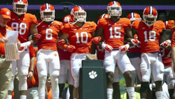 Apr 11, 2015; Clemson, SC, USA; Clemson Tigers players prior to the Clemson spring game at Clemson Memorial Stadium. Mandatory Credit: Joshua S. Kelly-USA TODAY Sports