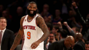 NEW YORK, NY - APRIL 12: Kyle O'Quinn #9 of the New York Knicks celebrates the 114-113 win over the Philadelphia 76ers at Madison Square Garden on April 12, 2017 in New York City. (Photo by Elsa/Getty Images)
