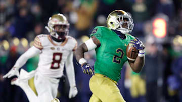 SOUTH BEND, IN - NOVEMBER 10: Dexter Williams #2 of the Notre Dame Fighting Irish runs for a 32-yard touchdown against the Florida State Seminoles in the fourth quarter of the game at Notre Dame Stadium on November 10, 2018 in South Bend, Indiana. (Photo by Joe Robbins/Getty Images)