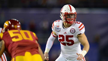 Dec 27, 2014; San Diego, CA, USA; Nebraska Cornhuskers defensive back Nate Gerry (25) looks across the line during the first quarter against the USC Trojans in the 2014 Holiday Bowl at Qualcomm Stadium. Mandatory Credit: Jake Roth-USA TODAY Sports
