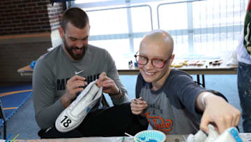 MEMPHIS, TN - MARCH 8: Marc Gasol #33 of the Memphis Grizzlies design sneakers with patients of St. Jude Children's Research Hospital as a part of "Hoops for St. Jude" on March 8, 2018 at FedExForum in Memphis, Tennessee. NOTE TO USER: User expressly acknowledges and agrees that, by downloading and or using this photograph, User is consenting to the terms and conditions of the Getty Images License Agreement. Mandatory Copyright Notice: Copyright 2018 NBAE (Photo by Joe Murphy/NBAE via Getty Images)