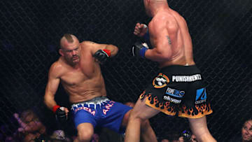 INGLEWOOD, CA - NOVEMBER 24: Chuck Liddell is knocked down in the first round by Tito Ortiz during the Light Heavyweight bout at The Forum on November 24, 2018 in Inglewood, California. (Photo by Joe Scarnici/Getty Images)