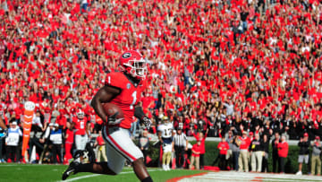 ATHENS, GA - NOVEMBER 26: Georgia football running back Sony Michel (#1) carries the ball for a touchdown against the Georgia Tech Yellow Jackets at Sanford Stadium on November 26, 2016 in Athens, Georgia. (Photo by Scott Cunningham/Getty Images)