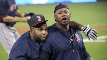 May 9, 2015; Toronto, Ontario, CAN; Boston Red Sox third baseman Pablo Sandoval (48) and Boston Red Sox left fielder Hanley Ramirez (13) during batting practice before a game against the Toronto Blue Jays at Rogers Centre. Mandatory Credit: Nick Turchiaro-USA TODAY Sports
