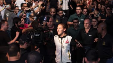 BRASILIA, BRAZIL - SEPTEMBER 24: Cris Cyborg of Brazil enters the arena prior to her catchweight bout against Lina Lansberg of Sweden during the UFC Fight Night event at Nilson Nelson gymnasium on September 24, 2016 in Brasilia, Brazil. (Photo by Buda Mendes/Zuffa LLC/Zuffa LLC via Getty Images)