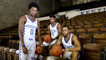 Sep 15, 2016; Lexington, KY, USA; Kentucky Wildcats guard De Aaron Fox (0) guard Malik Monk (5) and guard Isaiah Briscoe (13) during Kentucky media day at Memorial Coliseum. Mandatory Credit: Mark Zerof-USA TODAY Sports