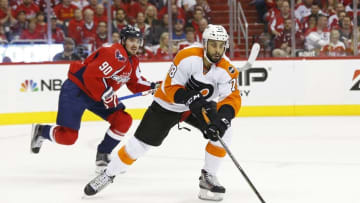 Apr 22, 2016; Washington, DC, USA; Philadelphia Flyers right wing Pierre-Edouard Bellemare (78) skates with the puck as Washington Capitals center Marcus Johansson (90) chases in the first period in game five of the first round of the 2016 Stanley Cup Playoffs at Verizon Center. Mandatory Credit: Geoff Burke-USA TODAY Sports