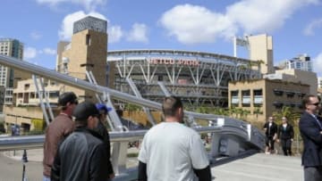 Apr 1, 2014; San Diego, CA, USA; Fans walk towards Petco Park prior to the game between Los Angeles Dodgers and San Diego Padres. Mandatory Credit: Andrew Fielding-USA TODAY Sports