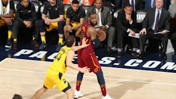 INDIANAPOLIS, IN - APRIL 22: LeBron James #23 of the Cleveland Cavaliers handles the ball against the Indiana Pacers in Game Four of Round One of the 2018 NBA Playoffs on April 22, 2018 at Bankers Life Fieldhouse in Indianapolis, Indiana. NOTE TO USER: User expressly acknowledges and agrees that, by downloading and or using this Photograph, user is consenting to the terms and conditions of the Getty Images License Agreement. Mandatory Copyright Notice: Copyright 2018 NBAE (Photo by Nathaniel S. Butler/NBAE via Getty Images)