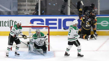 Tomas Nosek #92 of the Vegas Golden Knights celebrates with Chandler Stephenson #20 after scoring a goal on Anton Khudobin #35 of the Dallas Stars during the second period in Game Two of the Western Conference Final.(Photo by Bruce Bennett/Getty Images)