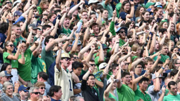 Sep 16, 2023; South Bend, Indiana, USA; Notre Dame students cheer just before kickoff of the game between the Notre Dame Fighting Irish and the Central Michigan Chippewas at Notre Dame Stadium. Mandatory Credit: Matt Cashore-USA TODAY Sports