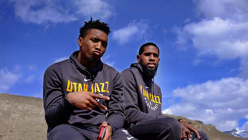 SALT LAKE CITY, UT - MARCH 19: Donovan Mitchell #45 and Royce O'Neale #23 of the Utah Jazz give an interview with NBAE about the Jazz season at Ensign Peak on March 19, 2018 in Salt Lake City, Utah. Copyright 2018 NBAE (Photo by Melissa Majchrzak/NBAE via Getty Images)