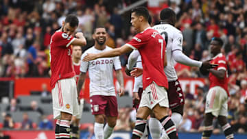MANCHESTER, ENGLAND - SEPTEMBER 25: Bruno Fernandes of Manchester United looks dejected after missing a penalty during the Premier League match between Manchester United and Aston Villa at Old Trafford on September 25, 2021 in Manchester, England. (Photo by Gareth Copley/Getty Images)