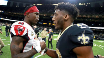 NEW ORLEANS, LOUISIANA - NOVEMBER 10: Julio Jones #11 of the Atlanta Falcons is congratulated by Michael Thomas #13 of the New Orleans Saints after his team defeated the Saints 26-9 during a NFL game at the Mercedes Benz Superdome on November 10, 2019 in New Orleans, Louisiana. (Photo by Sean Gardner/Getty Images)