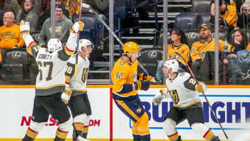 NASHVILLE, TN - NOVEMBER 27: Paul Stastny #26 of the Vegas Golden Knights celebrates his overtime goal against the Nashville Predators the at Bridgestone Arena on November 27, 2019 in Nashville, Tennessee. (Photo by John Russell/NHLI via Getty Images)