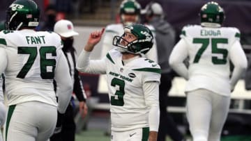 FOXBOROUGH, MA - JANUARY 03: Chase McLaughlin #3 of the New York Jets celebrates a PAT against the New England Patriots at Gillette Stadium on January 3, 2021 in Foxborough, Massachusetts. (Photo by Al Pereira/Getty Images)
