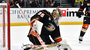 ANAHEIM, CA - JANUARY 04: Anaheim Ducks Goalie John Gibson (36) scoopes up the puck during the second period of a game against the Vegas Golden Nights played on January 4, 2019 at the Honda Center in Anaheim, CA. (Photo by John Cordes/Icon Sportswire via Getty Images)