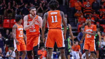 CHAMPAIGN, IL - FEBRUARY 05: Giorgi Bezhanishvili #15 reacts and talks with Ayo Dosunmu #11 of the Illinois Fighting Illini during the game against the Michigan State Spartans at State Farm Center on February 5, 2019 in Champaign, Illinois. (Photo by Michael Hickey/Getty Images)
