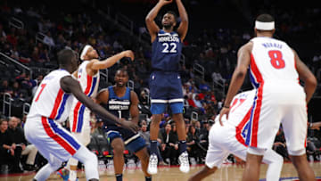 DETROIT, MICHIGAN - NOVEMBER 11: Andrew Wiggins #22 of the Minnesota Timberwolves takes a first half jump shot while playing the Detroit Pistons at Little Caesars Arena on November 11, 2019 in Detroit, Michigan. NOTE TO USER: User expressly acknowledges and agrees that, by downloading and or using this photograph, User is consenting to the terms and conditions of the Getty Images License Agreement. (Photo by Gregory Shamus/Getty Images)