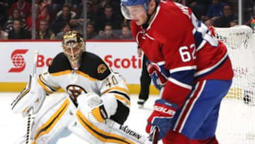 Dec 12, 2016; Montreal, Quebec, CAN; Montreal Canadiens left wing Artturi Lehkonen (62) plays the puck next to Boston Bruins goalie Tuukka Rask (40) during the first period at Bell Centre. Mandatory Credit: Jean-Yves Ahern-USA TODAY Sports