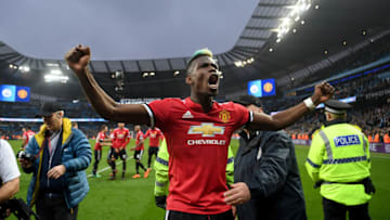 MANCHESTER, ENGLAND - APRIL 07: Paul Pogba of Manchester United celebrates victory after the Premier League match between Manchester City and Manchester United at Etihad Stadium on April 7, 2018 in Manchester, England. (Photo by Michael Regan/Getty Images)