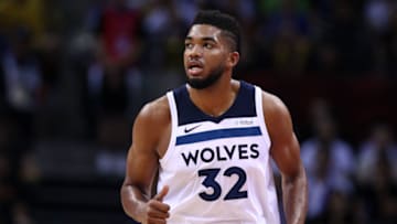 SHENZHEN, CHINA - OCTOBER 05: Karl-Anthony Towns #32 of the Minnesota Timberwolves looks on during the game between the Minnesota Timberwolves and the Golden State Warriors as part of 2017 NBA Global Games China at Universidade Center on October 5, 2017 in Shenzhen, China. (Photo by Zhong Zhi/Getty Images)