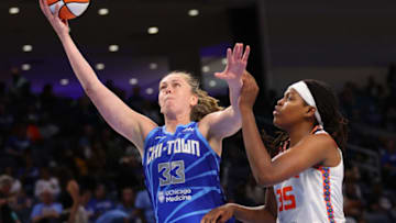 CHICAGO, ILLINOIS - SEPTEMBER 08: Emma Meesseman #33 of the Chicago Sky shoots against Jonquel Jones #35 of the Connecticut Sun during the second half in Game Five of the 2022 WNBA Playoffs semifinals at Wintrust Arena on September 08, 2022 in Chicago, Illinois. NOTE TO USER: User expressly acknowledges and agrees that, by downloading and/or using this photograph, User is consenting to the terms and conditions of the Getty Images License Agreement. (Photo by Michael Reaves/Getty Images)