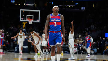 Washington Wizards guard Bradley Beal (3) reacts after a play during the fourth quarter against the Denver Nuggets at Ball Arena on 13 Dec. 2022. (Ron Chenoy-USA TODAY Sports)