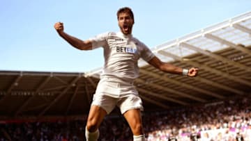 SWANSEA, WALES - MAY 21: Swansea player Fernando Llorente celebrates his and the winning goal during the Premier League match between Swansea City and West Bromwich Albion at Liberty Stadium on May 21, 2017 in Swansea, Wales. (Photo by Stu Forster/Getty Images)