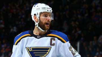 UNIONDALE, NEW YORK - OCTOBER 14: Alex Pietrangelo #27 of the St. Louis Blues skates against the New York Islanders at NYCB Live's Nassau Coliseum on October 14, 2019 in Uniondale, New York. New York Islanders defeated the St. Louis Blues 3-2 in OT. (Photo by Mike Stobe/NHLI via Getty Images)