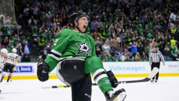 Apr 26, 2022; Dallas, Texas, USA; Dallas Stars left wing Jason Robertson (21) celebrates scoring a goal against the Vegas Golden Knights during the second period at the American Airlines Center. Mandatory Credit: Jerome Miron-USA TODAY Sports