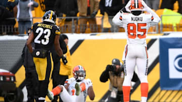 PITTSBURGH, PA - DECEMBER 31: Mike Mitchell #23 of the Pittsburgh Steelers and David Njoku #85 of the Cleveland Browns react to a incomplete pass intended for Corey Coleman #19 in the fourth quarter during the game at Heinz Field on December 31, 2017 in Pittsburgh, Pennsylvania. (Photo by Justin Berl/Getty Images)