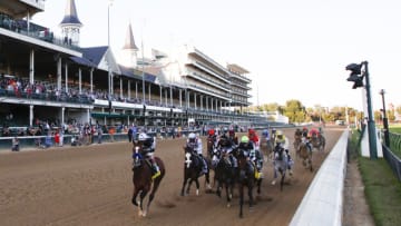 LOUISVILLE, KENTUCKY - SEPTEMBER 05: Authentic #18, ridden by jockey John Velazquez, leads the field to the first turn during the 146th running of the Kentucky Derby at Churchill Downs on September 05, 2020 in Louisville, Kentucky. (Photo by Rob Carr/Getty Images)