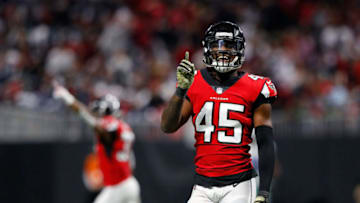 ATLANTA, GA - NOVEMBER 12: Deion Jones #45 of the Atlanta Falcons celebrate a stop during the second half against the Dallas Cowboys at Mercedes-Benz Stadium on November 12, 2017 in Atlanta, Georgia. (Photo by Kevin C. Cox/Getty Images)